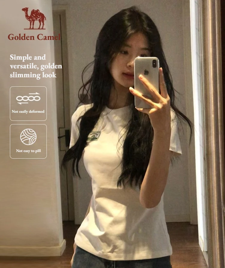 Golden Camel Women's Solid Color Sport T-Shirt 2026 Summer O-Neck Pure Cotton Ventilate Sweatshirt Running Fitness Hiking Tops
