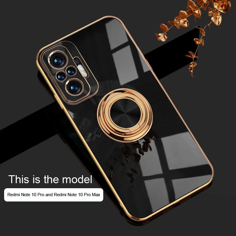 Plating Magnetic Case For Xiaomi Redmi Note 10 Pro Max 10S 10Pro Note10 POCO F3 Soft Silicone Shell Cover With Ring Holder Stand