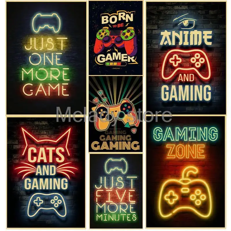 Sleep Game Repeat Gaming Wall Art Kraft Paper Retro Poster Prints Gamer Painting Canvas Picture for Kids Boys Room Dec Playroom