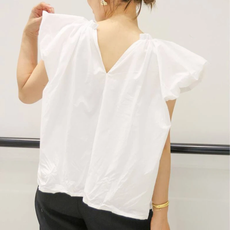 Japanese New Chic V-neck Flying Sleeve Blouse Women Reversible O-neck Sleeveless Top Solid Sweet Elegant Blusas Mujer 2024 New