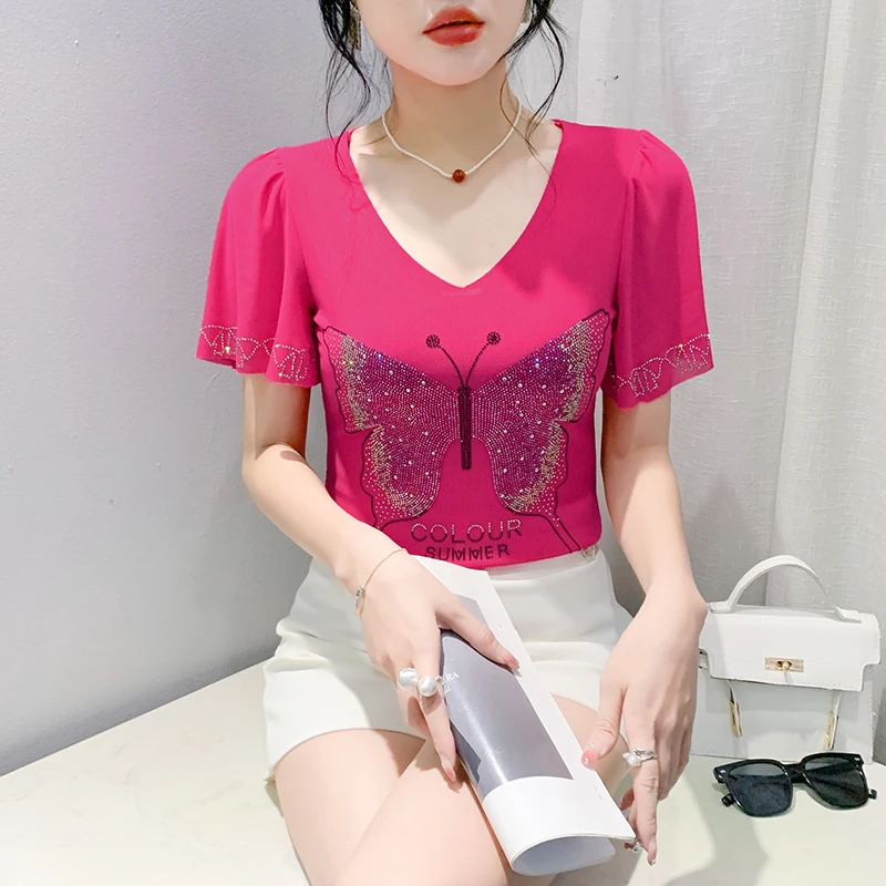 Black Summer Korean Style T-Shirt Chic Sexy V-Neck Shiny Diamonds Butterfly Women Tops Short Sleeve Elastic Tees 2024 New 460505