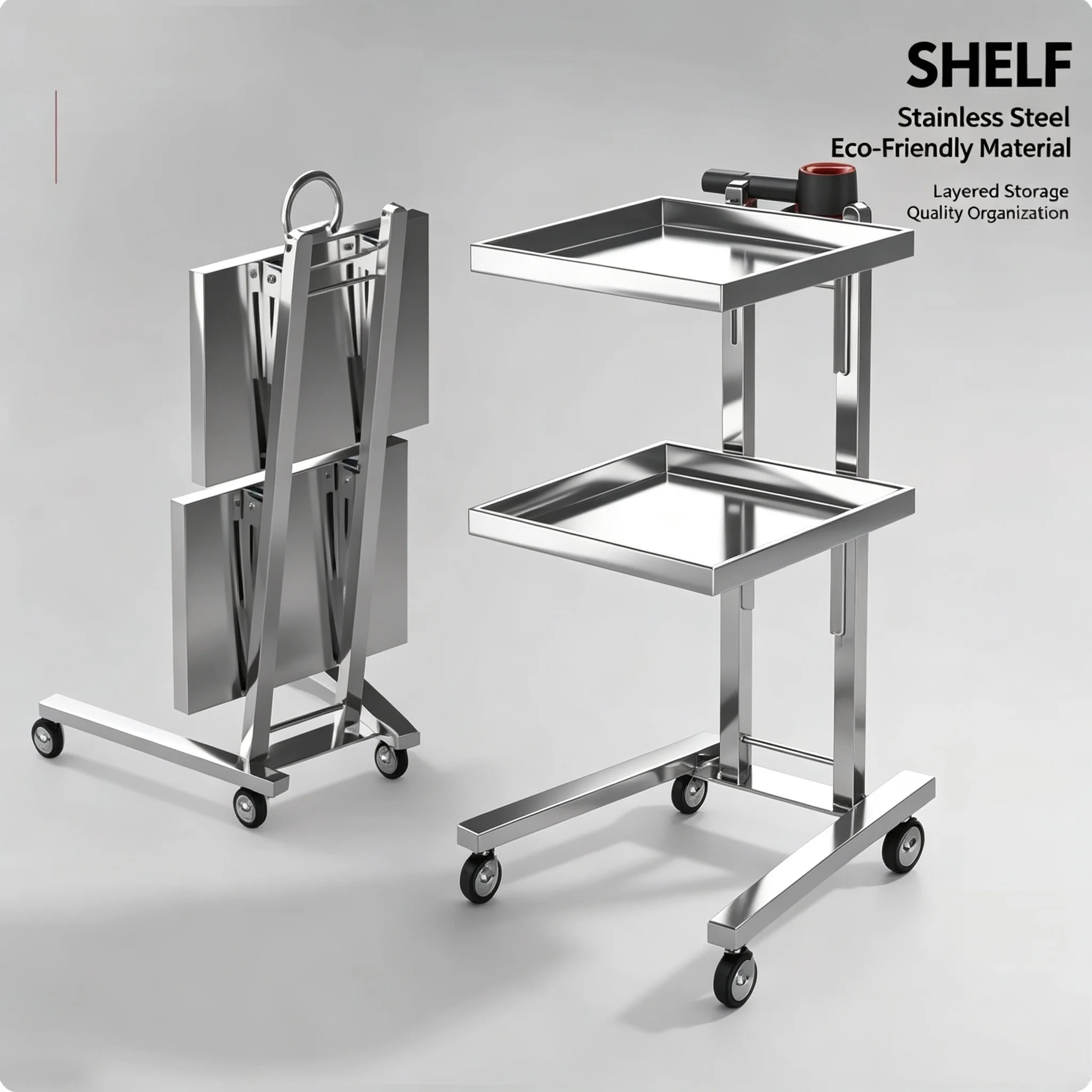 Stainless Steel 2-Tier Foldable Tool Cart for Beauty & Barber Shop, Mobile Storage Workbench for Supermarket & Workshop