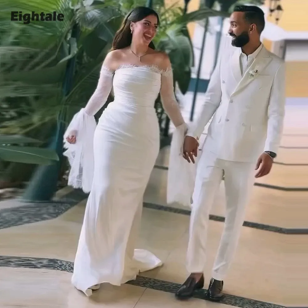 

Eightale Arabic Wedding Dresses Strapless Lace Customized Mermaid Satin Long Sleeves Bridal Gowns Vestidos De Novia
