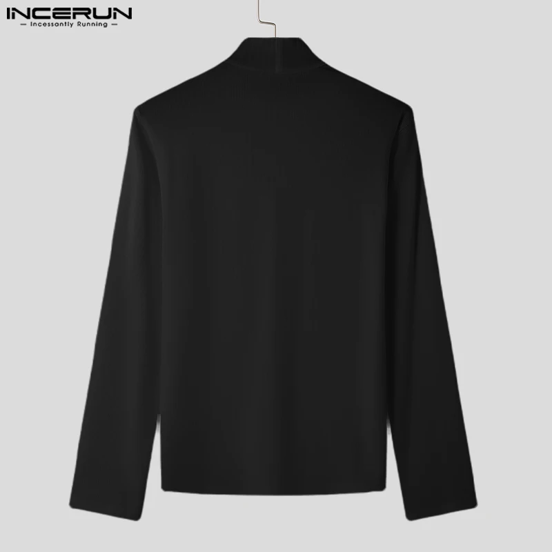 INCERUN New Men\'s Clothing Striped High Neck Slanted Shawl T-shirts Handsome Male Solid Comfortable Long Sleeved Camiseta 2024