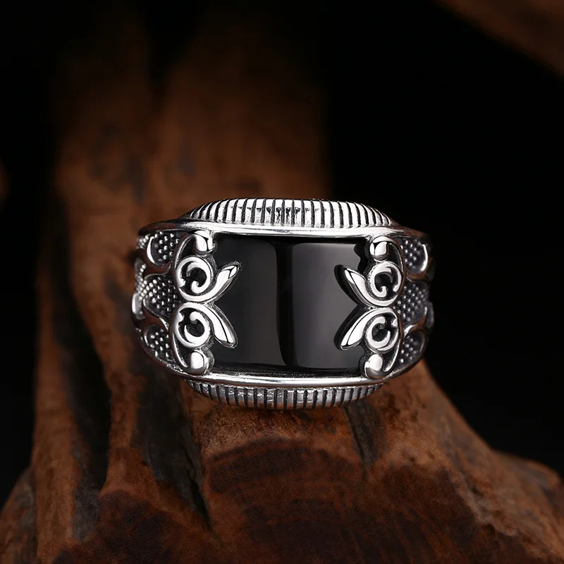 S925 Sterling Silver Black Agate Adjustable Ring Punk Style Hip Old Process Free Size Fine Jewelry FYRNG111