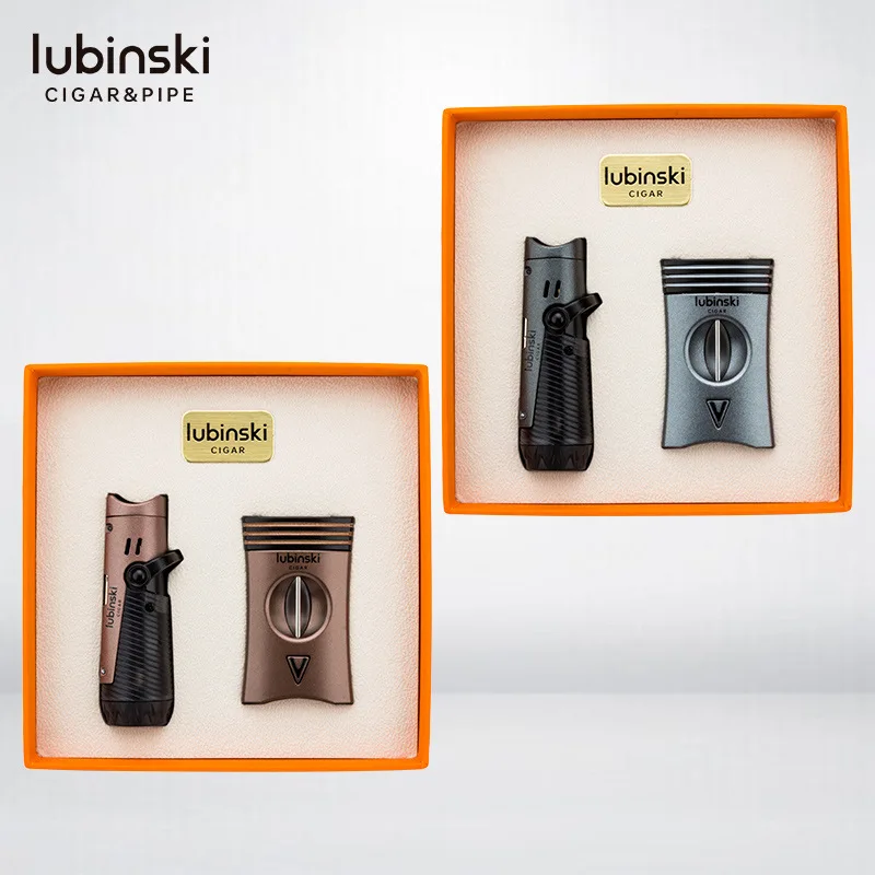 LUBINSKI Cigar Tool Set Single Straight Multifunctional Lighter with V Type Cutter Scissors Retro Smoking Accessories CG-012