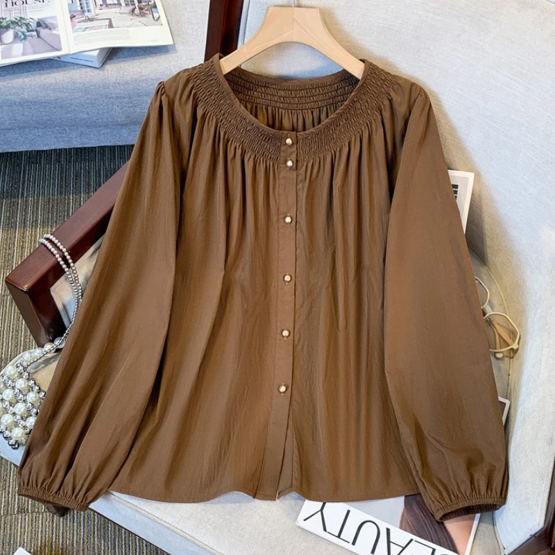 

Женские свободные однобортные рубашки, блузки больших размеров, женские весенне-осенние новинки 2024, топы с круглым вырезом и рукавами-фонариками