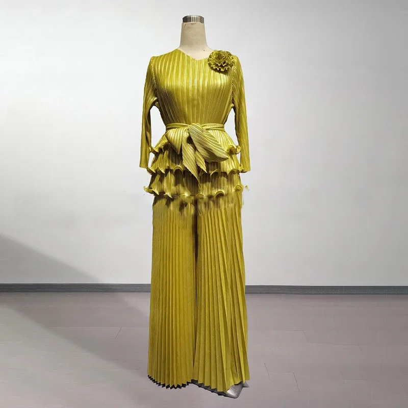 KAF 2025 primavera nuevo traje de mujer Color sólido cuello pico manga larga empalme Top cintura alta Casual pantalones de pierna ancha sueltos