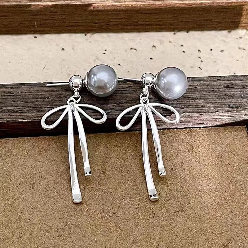 Grey Imitation Pearl Drop Earrings Silver Color Hollow Bow Knot Dangle Earrings Trendy Metal Sweet Cute Jewelry Wedding Party