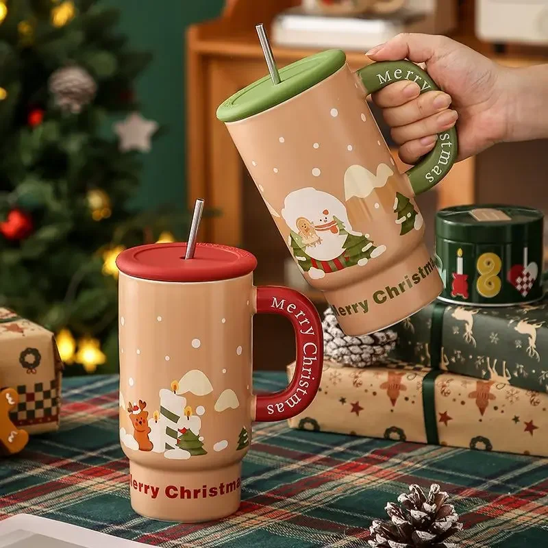 

800Ml Large-capacity Christmas Cup, Ceramic High-value Stainless Steel Straw Mug with Silicone Cover for Girls Drinkware