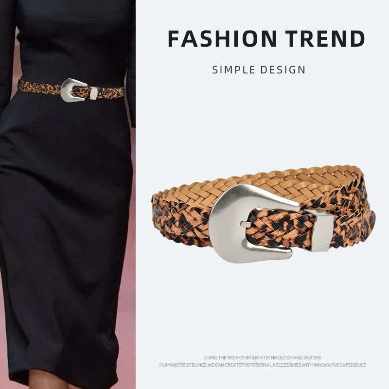 Western Leopard Print Hand Braided Women Belt  Fashion Woven Dress Coat Sweater Belt for Ladies