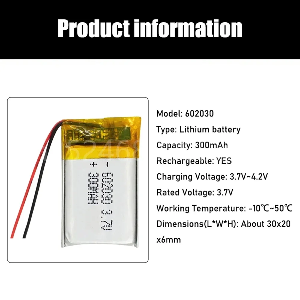 602030   Mini bateria de lítio recarregável lipo 300mah 3.7v bluetooth mp3 cartão sem fio gravador de áudio baterias de célula de íon-lítio