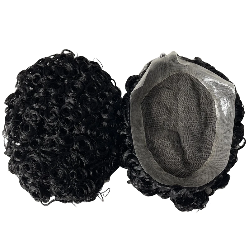 Malaysian Virgin Human Hair Hairpiece #1 Color 16mm Curl Lace with PU Unit 7x9 AUS Toupee for European Men