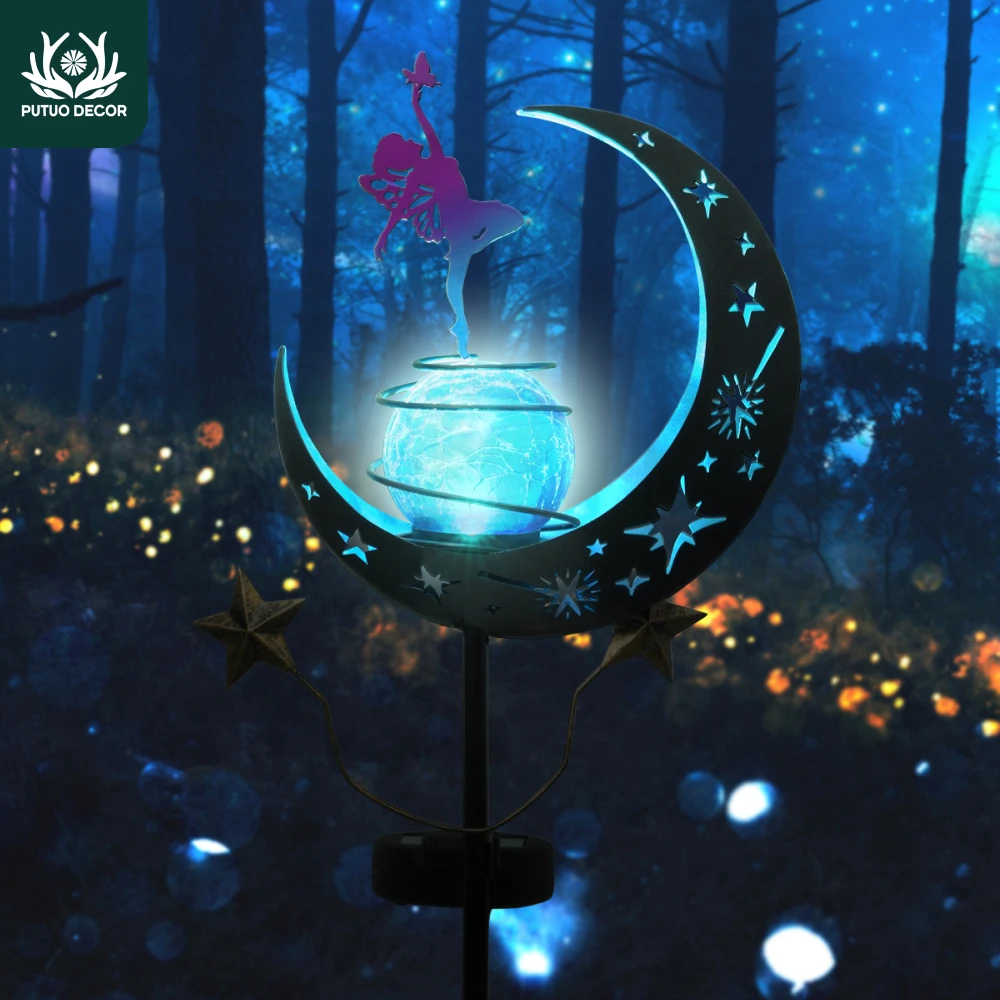 

Putuo Decor Solar Powered Outdoor Iron Flower Fairy Moon Lamp Lights Rechargeable Battery, Outdoor Solar Lights for Backyard