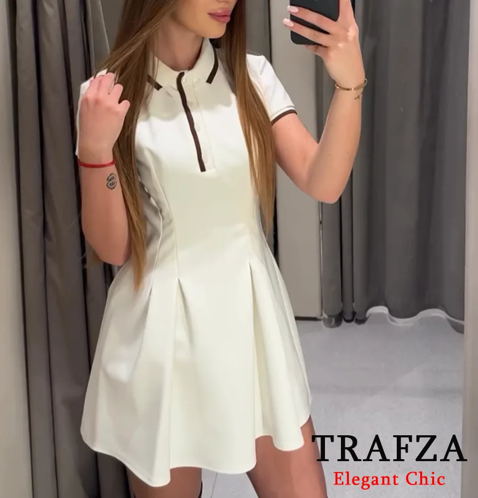 TRAFZA-Vrouwen Elegante Korte Jurk Shirt Hals Korte Mouw Jurk Nieuwe 2025, Mode Lente Zomer Golf Stijl Casual Jurk