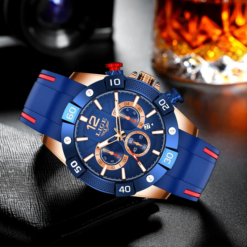 

LIGE Fashion Quartz Man Watch Luxury Simple Dial Casual Sport Silicone Strap Calendar Waterproof Chronograph Watches for Men+Box