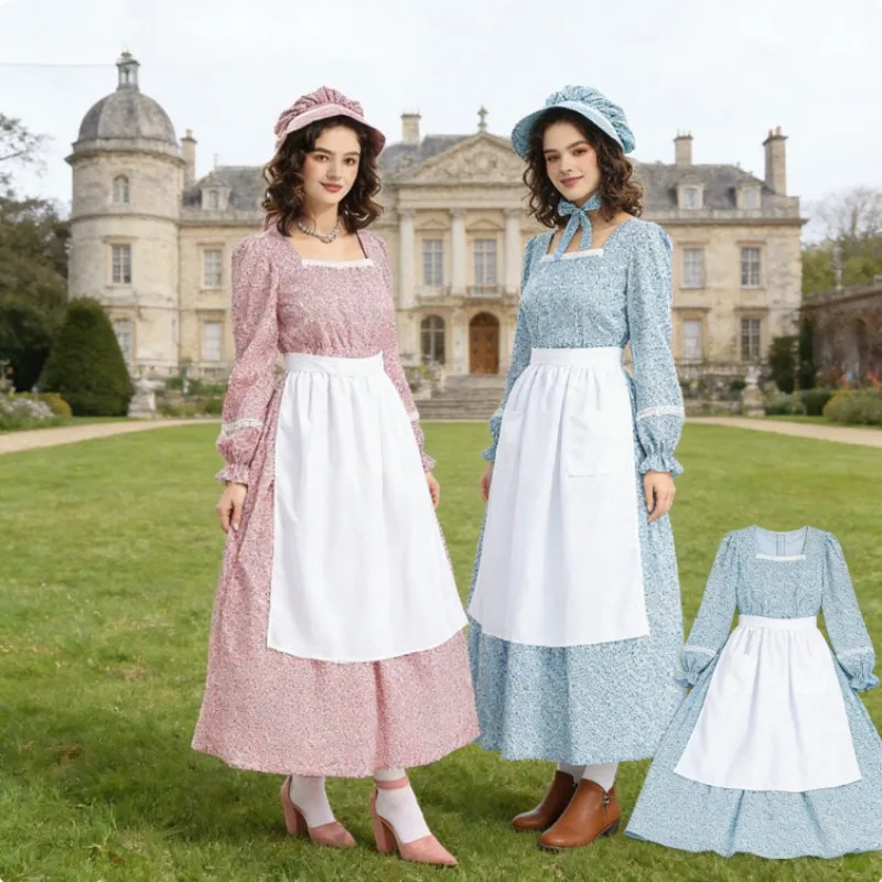 

Vintage Pink Square Neck Floral Dress American Colonial Prairie Pioneer Outfit for Halloween Historical Reenactment Events