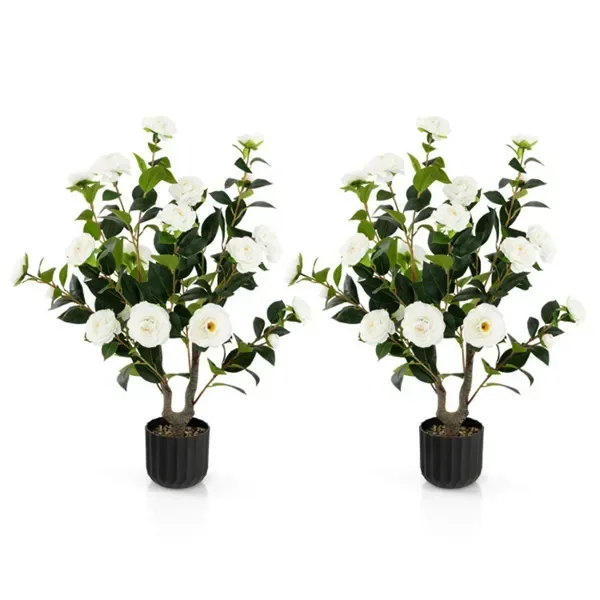 

38 Inch Faux Camellia Tree in Cement White, 2 Pack