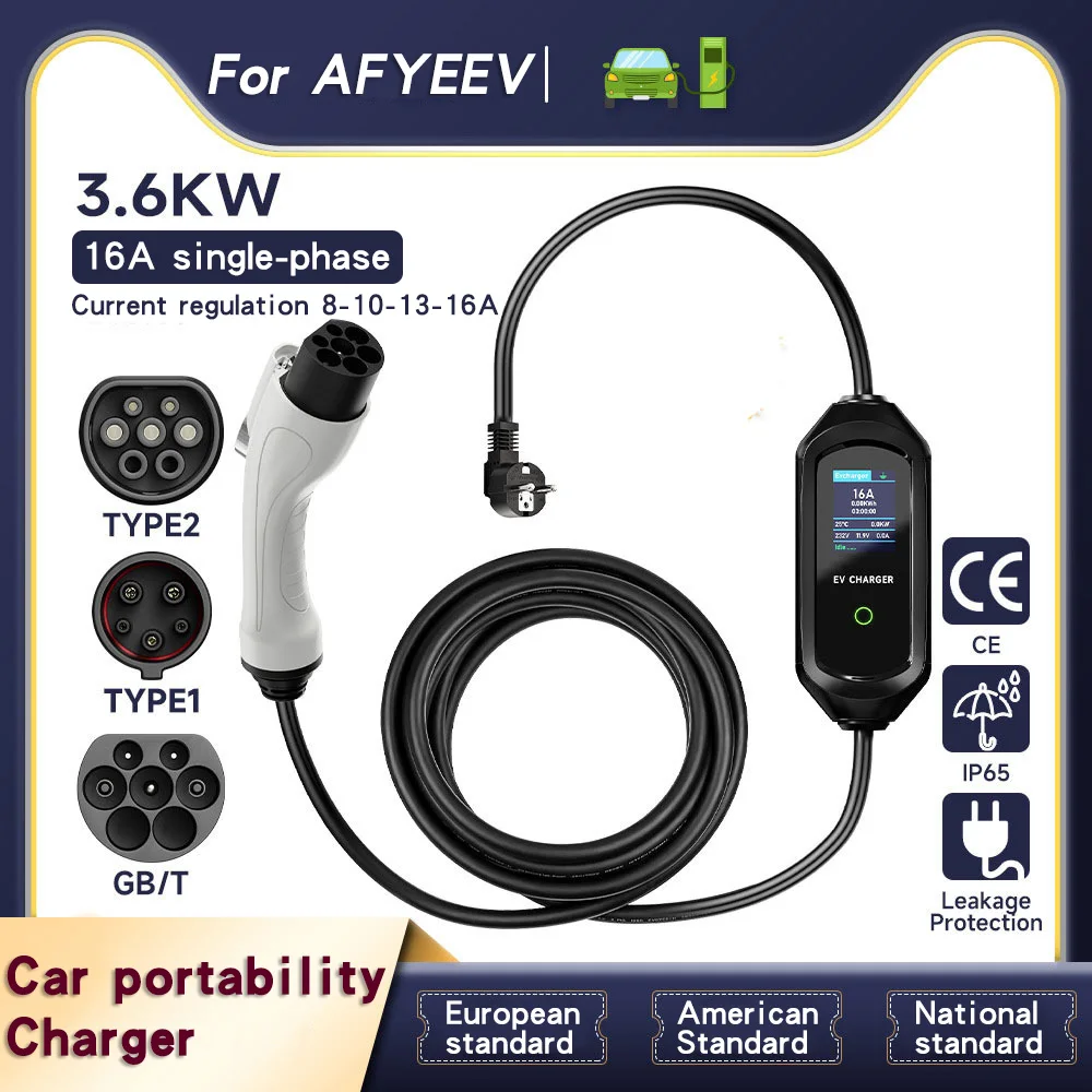 16A 3600W Portable Type2 IEC62196-2 EV Charger Type1 SAE J1772 Electric Car Charger GBT EVSE Charging Cable Wallbox EU Plug