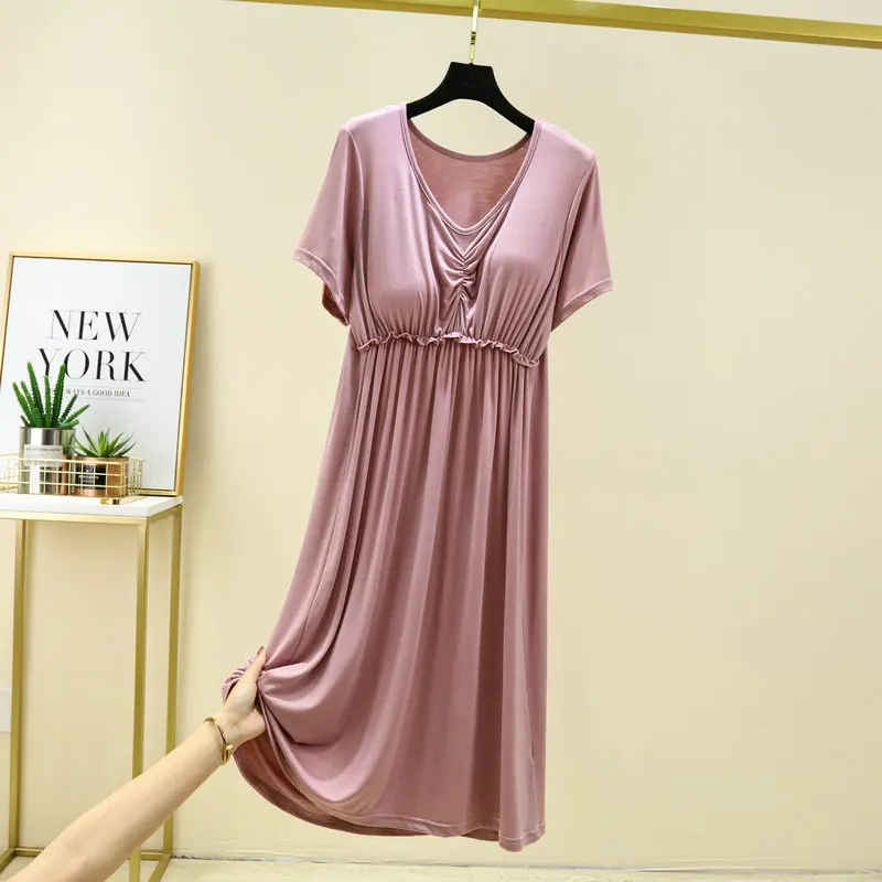 INS Casual Women\'s Summer Nightgown Thin Chest Pad Modal Nightdress Short-Sleeved V-Neck Home Dress ночнушка женская