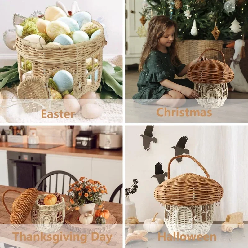 Rattan Mushroom Storage Basket Cute Cartoon Handwoven Nut Wicker Handbag Outdoor Picnic Women Tote Straw Bag Children Organizer