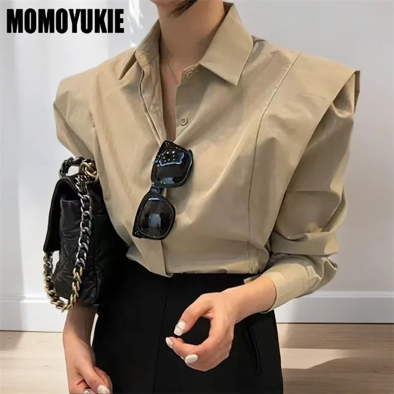 Damskie bluzki na wiosnę 2023, moda vintage, proste zapinanie, panelowe falbany, długi rękaw, codzienna, jednolita, koreańska edycja koszuli damskiej.
