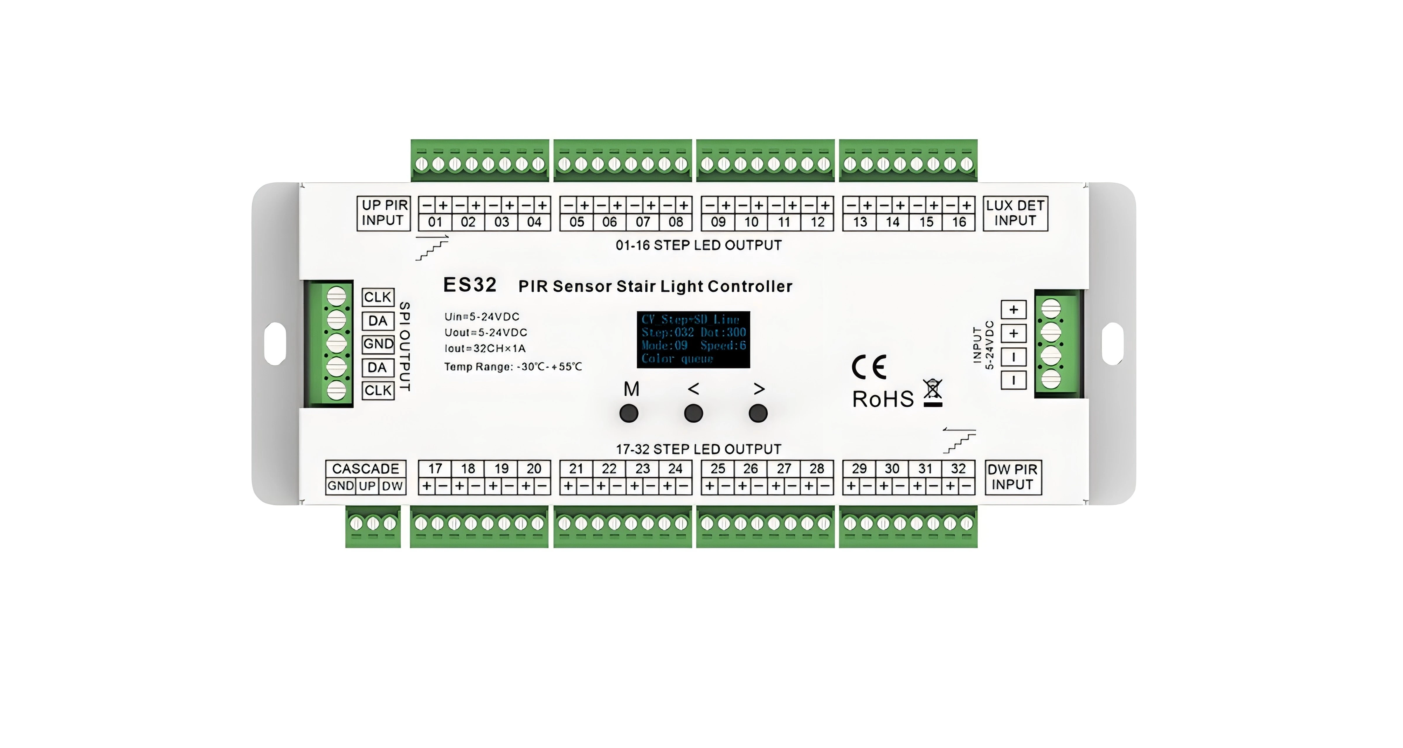 ES32 5-24VDC 32 Channel Smart Stair Lighting LED Controller Dimmers with Mini PIR Motion Sensor for SPI LED Strips