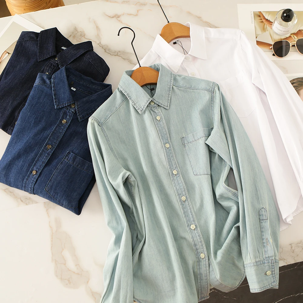 

Retro Soft Denim Cotton irt Button down Long Sve Casual Sle Loose Fit Polyester Fiber Breathable Comfortable Women's Top