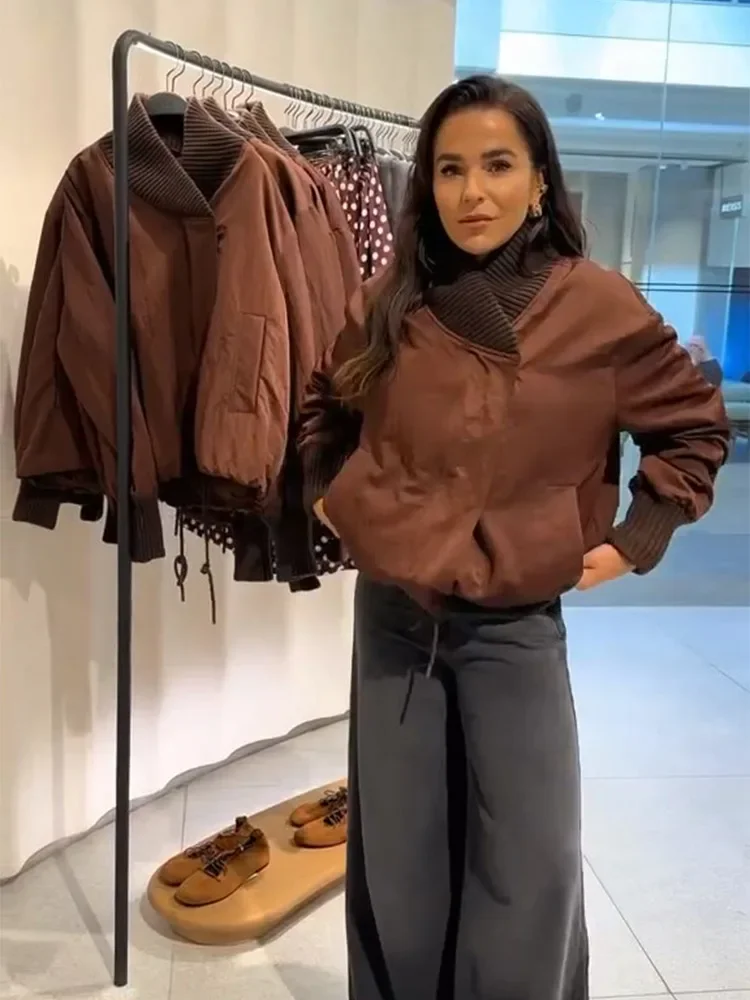 

For Autumn 2025 Women's Oversized Cropped Bomber Jacket Coat with Knitted Shawl Collar Rust Brown Vintage Loose Fit Outerwear