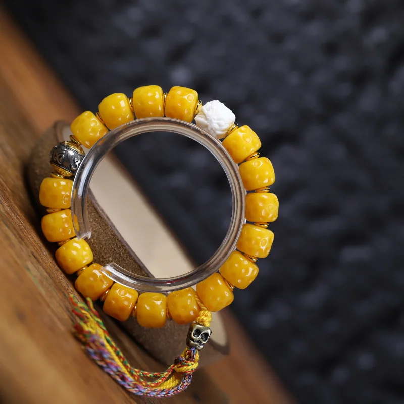 Tibetan Natural Yellow YakMen and Women Hand Toy Beads Ox Bone Bracelet