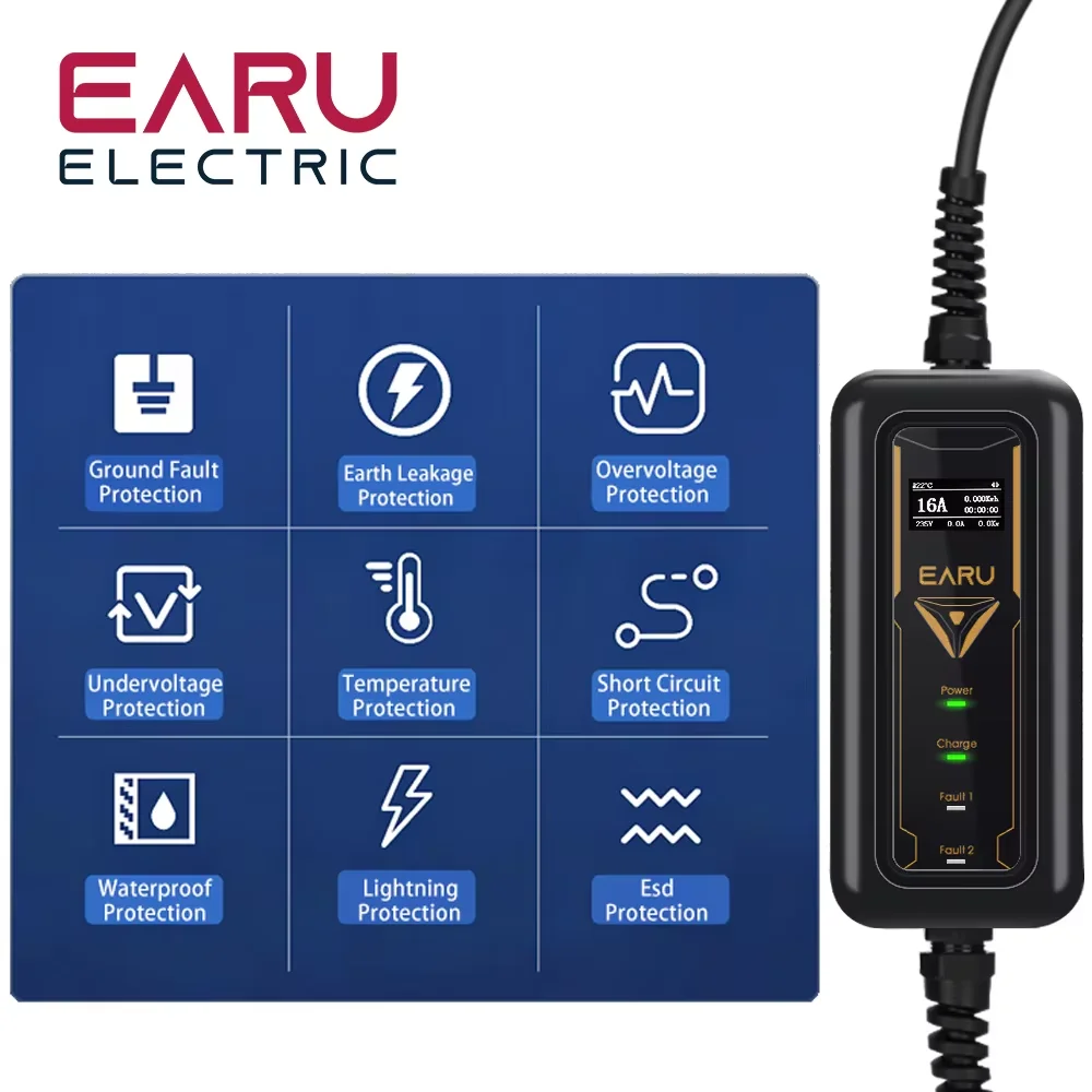 Adjustable 16A EV Charger Screen EU US UK Plug Portable Type2 IEC62196-2 EVSE Charging Cable Type1 SAE J1772 Controller Wallbox