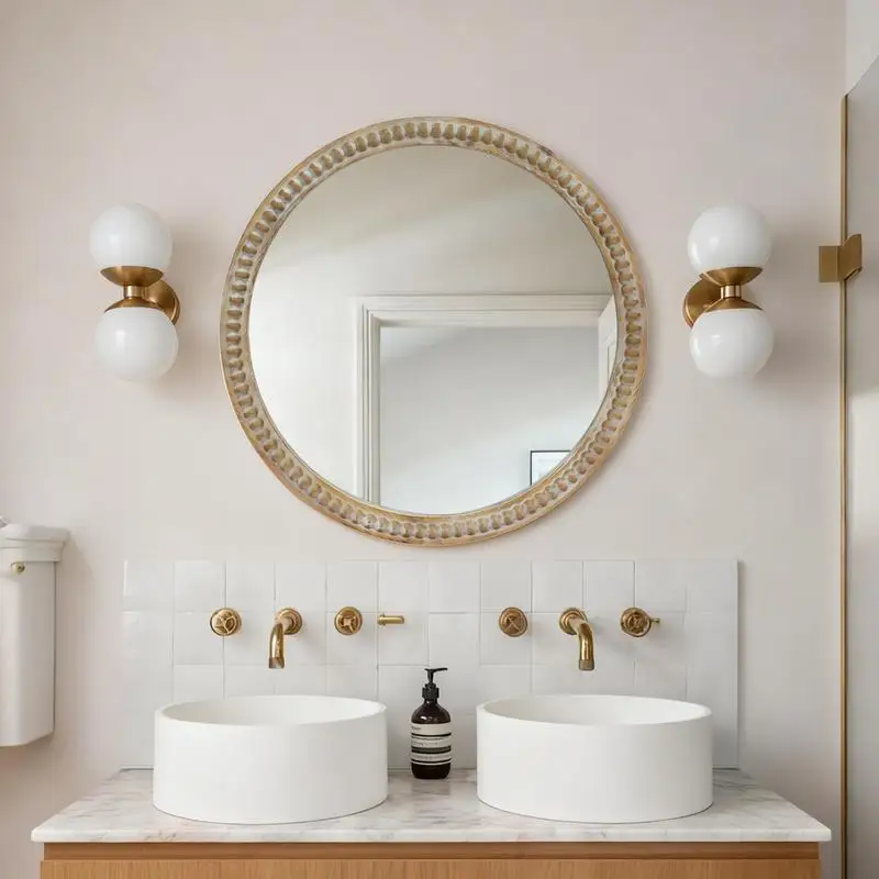 مرآة حائط دائرية مزخرفة، مرآة بإطار خشبي مطرز مقاس 35.43 بوصة للمدخل وغرفة المعيشة والحمام ولمسة المزرعة