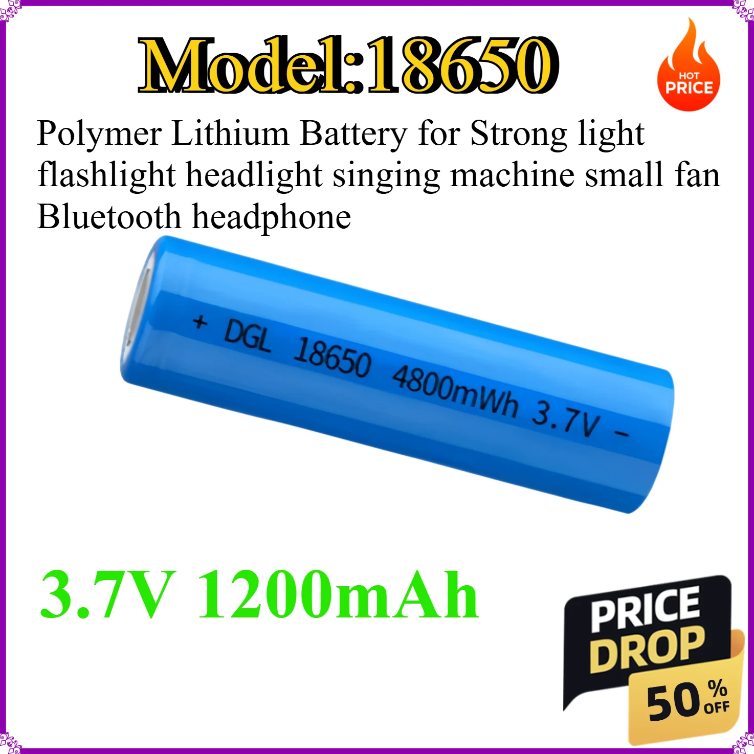 

18650 1200mAh Polymer Lithium Battery for Strong light flashlight headlight singing machine small fan Bluetooth headphone