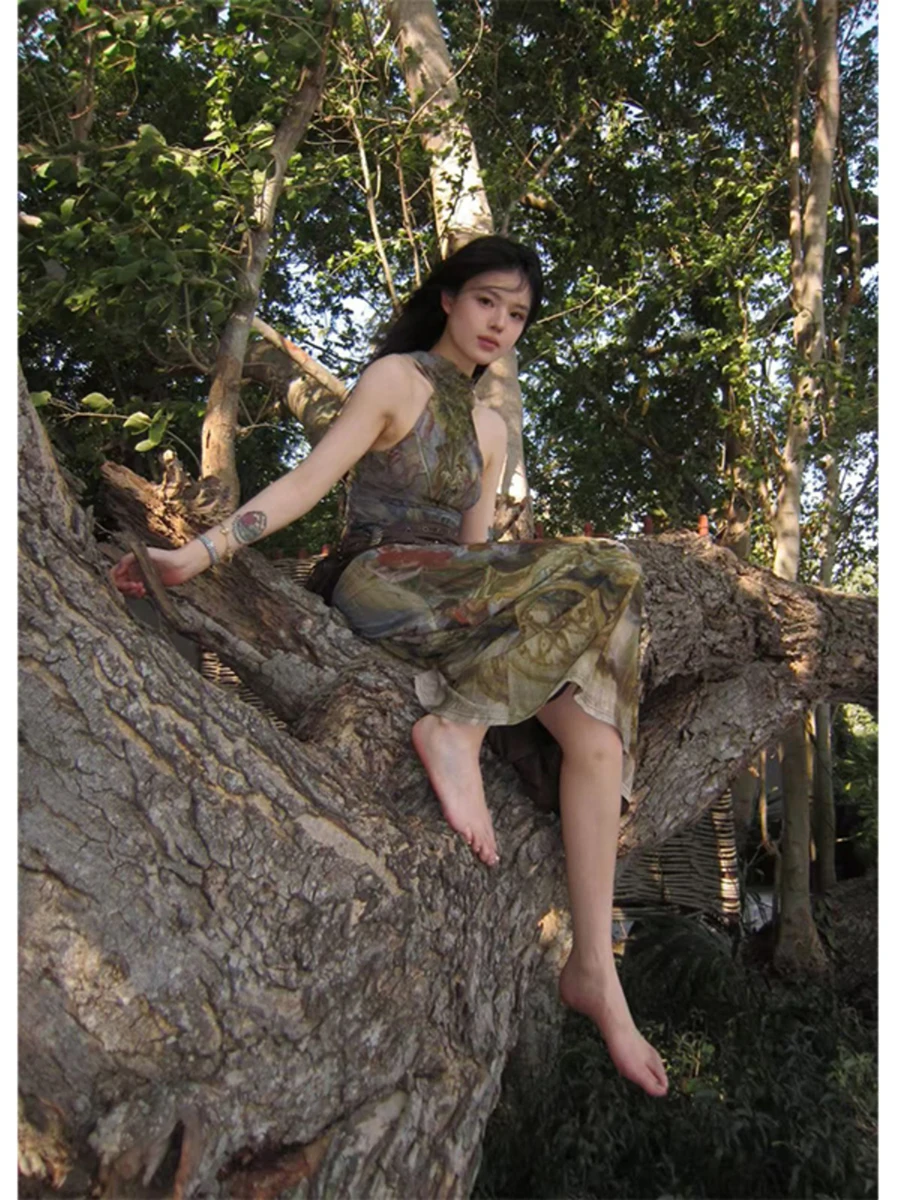 RORORIRI Vintage pittura a olio dolcevita abito intero ritagliato senza schienale gonna lunga per abiti da donna abito da spiaggia per le vacanze croce