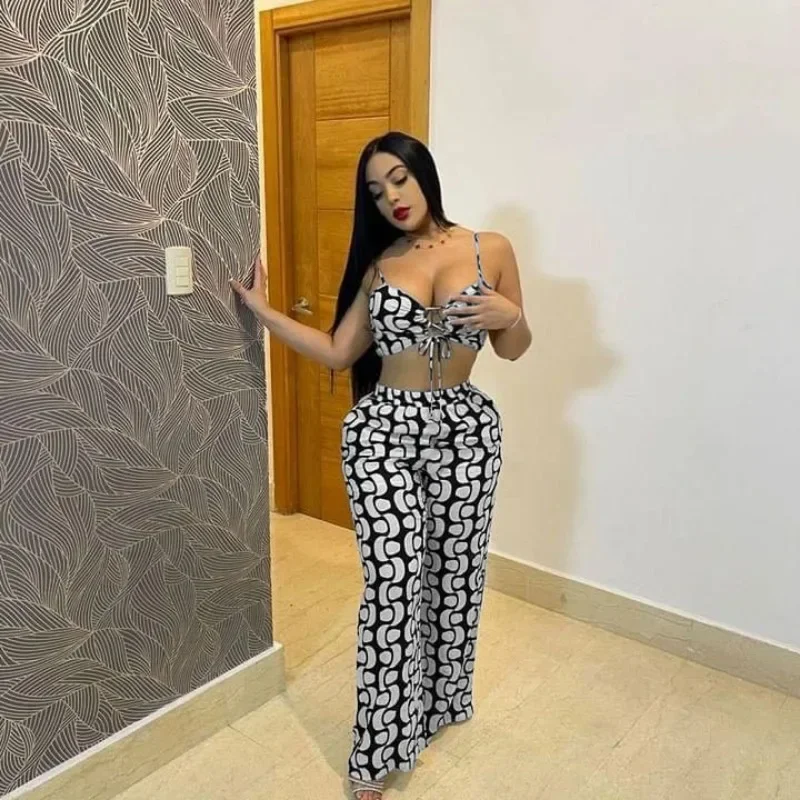 Black White Print 2 Piece Outfit Set Women Clubwear Vacation Spaghetti Strap Lace-up Crop Top and Wide Leg Pants Matching Sets