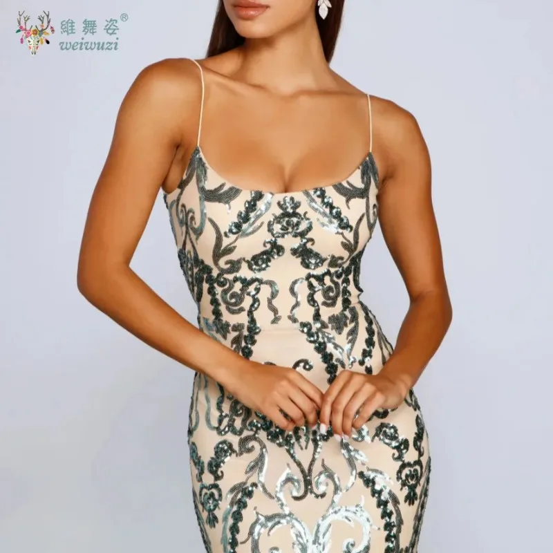 Women Elegant Backless Spaghetti Strap Bodycon Fishtail Skirt Handmade Bead Embroidery Sequin Party Prom Long Evening Dress