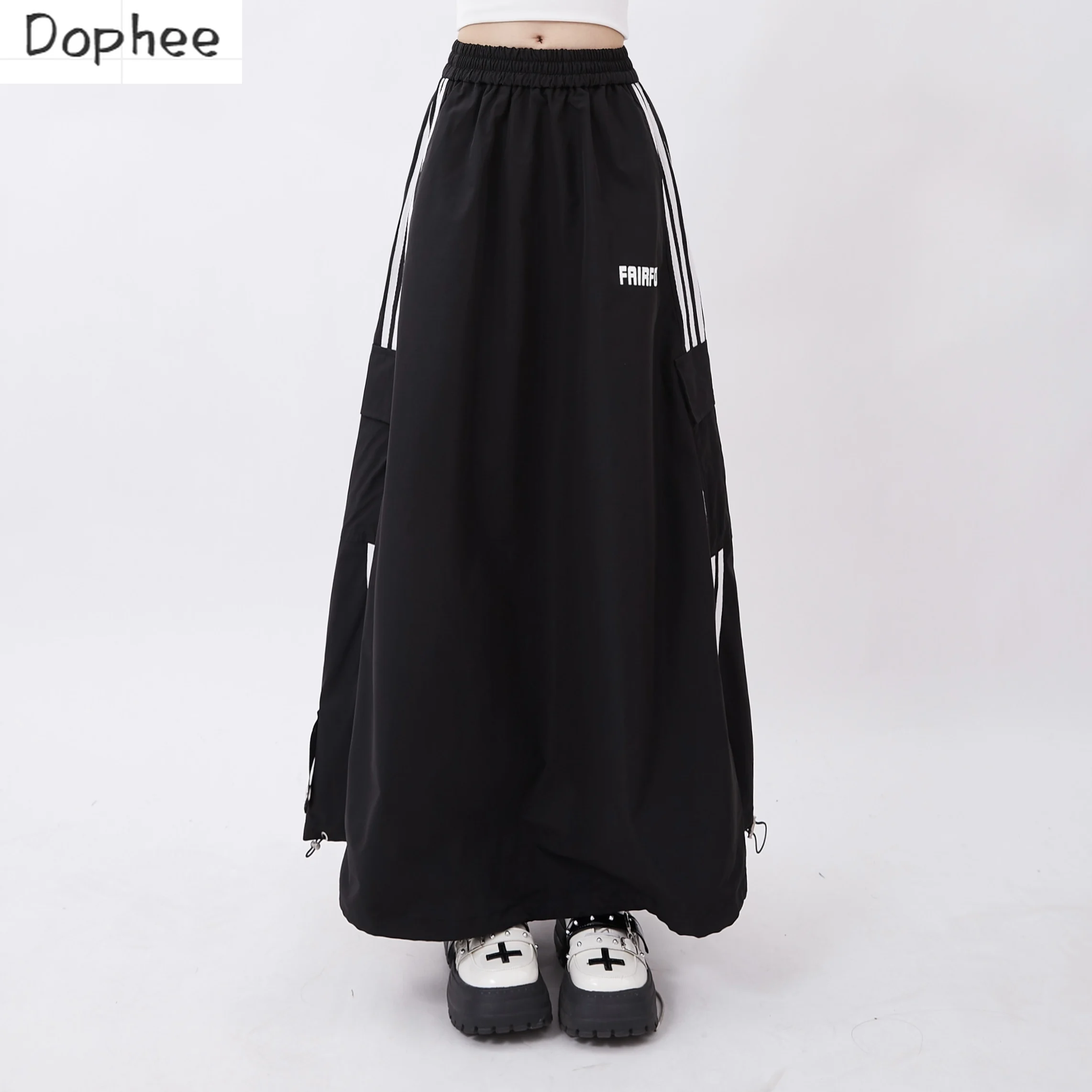 

Dophee New Spring Autumn Ultra Long Skirts American Style Streetwear Dopamine Stripes Elastic Waist Split Loose A-line Skirt