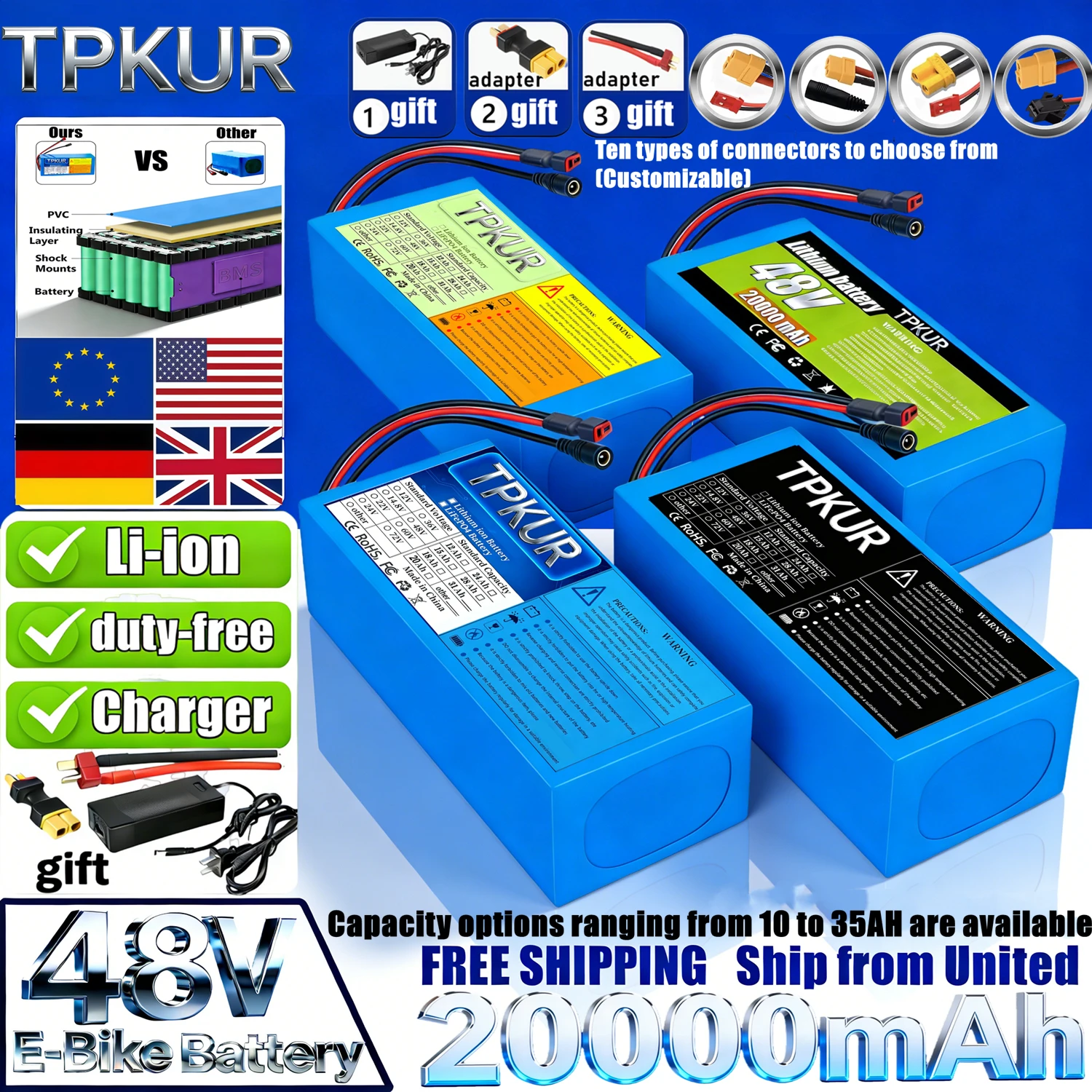 48V high-capacity lithium battery pack (10-35Ah) with a stable 13S6P configuration, featuring a built-in BMS, and dedicated comp