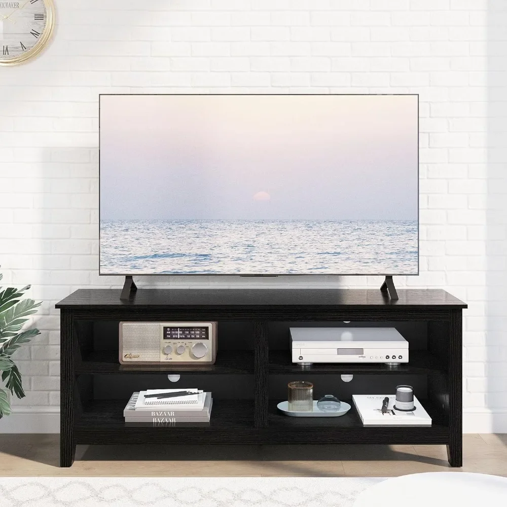 Living room TV stand, supporting 65 inch TV, with 4 open storage shelves, black, free shipping