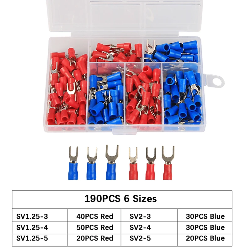 10/190pcs SV Type Wire Spring Terminal SV1.25 SV2 Fork U Y Insulate Ferrules Block Spade Cold Press Cable End Crimp Connector