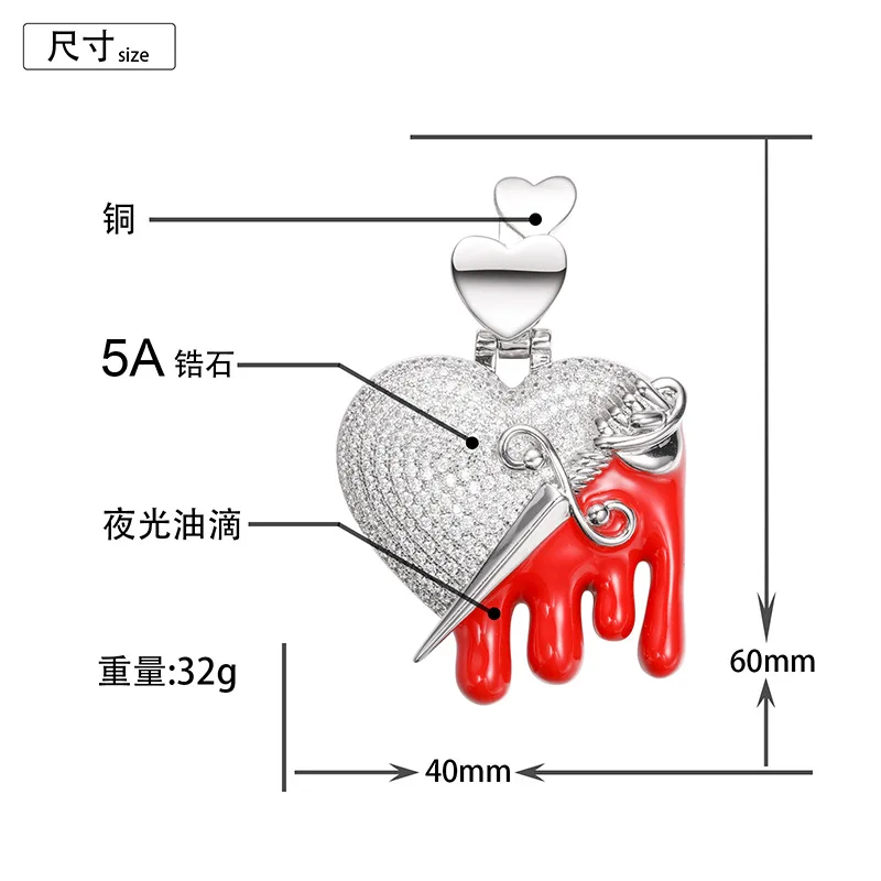 Hip Hop 5A+ CZ Stone Paved Bling Iced Out Heart Stabbed by Dagger Luminous Pendants Necklace for Men Rapper Jewelry Gift