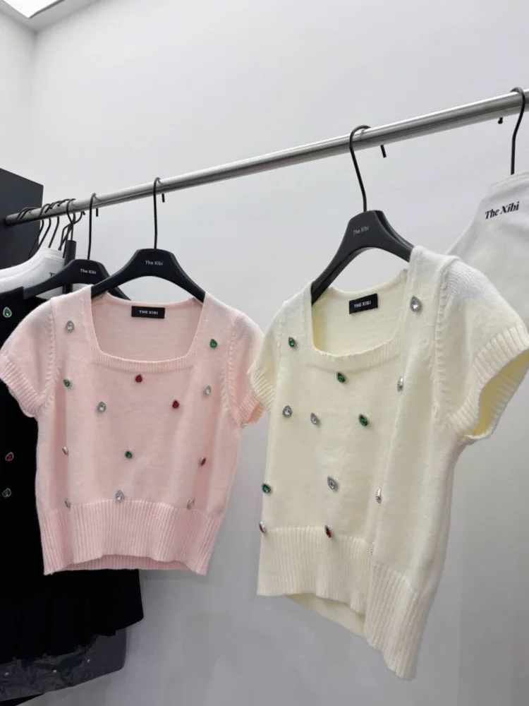 

American Style Colored Diamond T-Shirt Women's 2024 Summer New Korean Version Square Collar Elastic Slim-fit Sweet Knitted Top