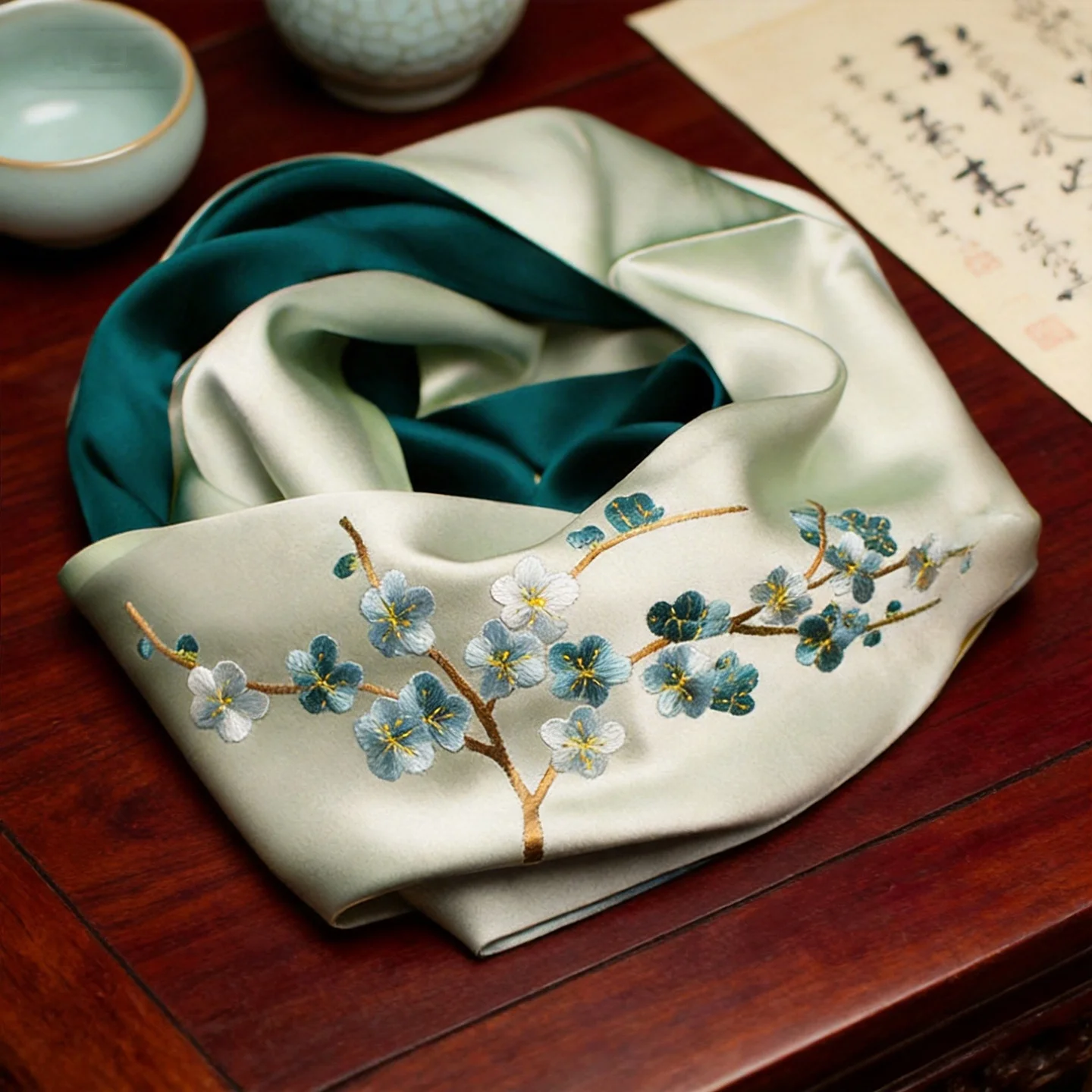 

Elegant Embroidered Suzhou Silk Scarf Multi-Functional Wrap Shawl Sun Protection Wedding Fashionable Neck Warmer Four Seasons