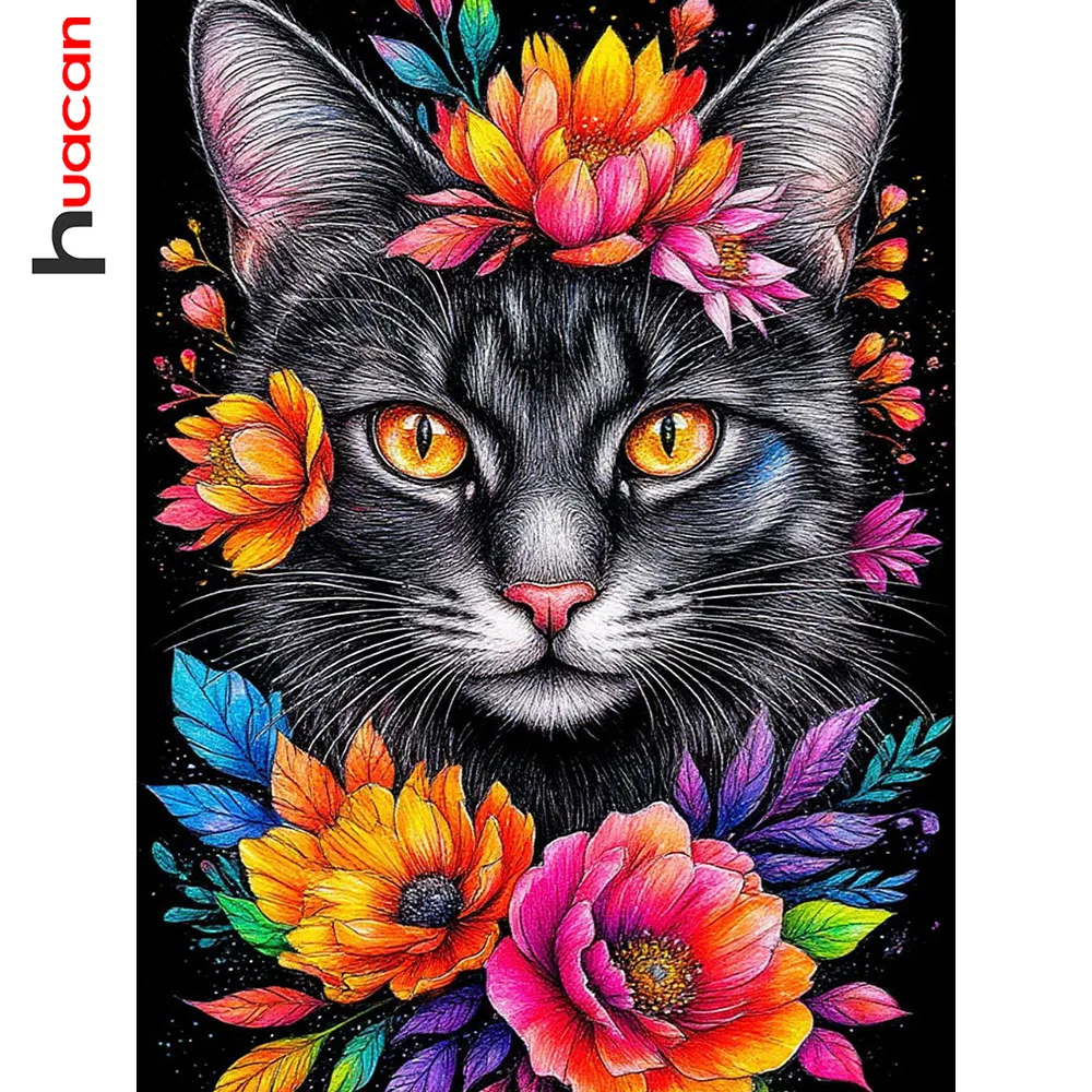 Huacan DIY Diamantmalerei Katze mit Pfingstrose Diamant-Stickerei Tier- und Blumenmotiv Komplettes Set Dekorative Gemälde