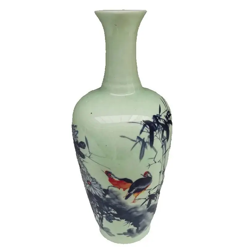 Traditional Asian Decorative Porcelain Vase Blue White Underglaze Red Bamboo Flower Bird Pattern Floor Standing Artwork