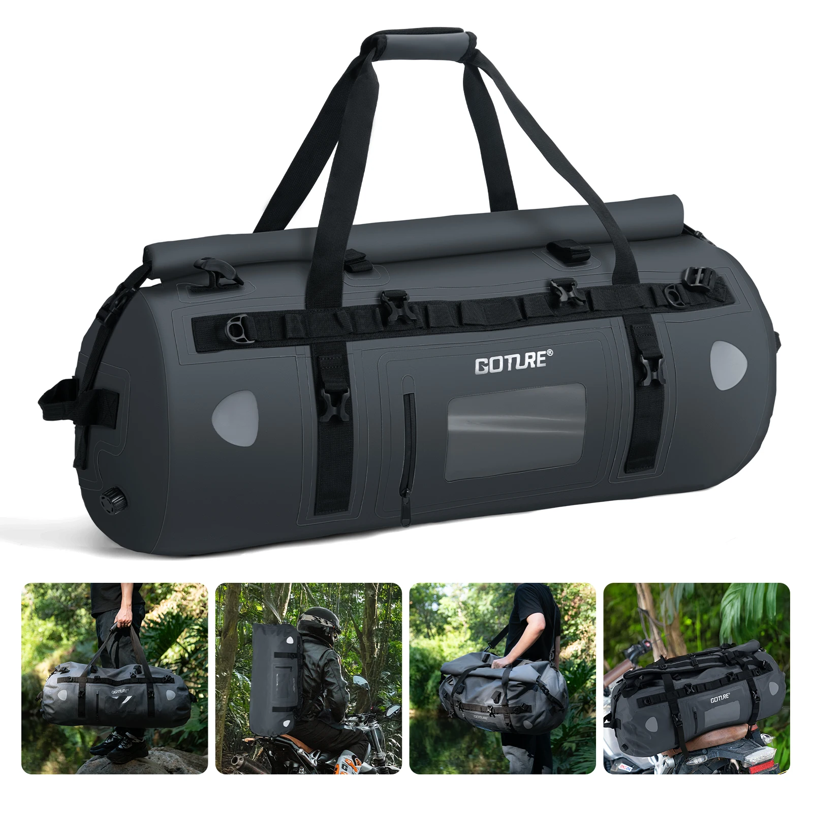 Motorcycle Tail Bag Waterproof Roll Top - バイク用ダッフル＆ラゲージ 防水テールバッグ ドライバッグ サドルバッグ 透明ポケット付き ロールトップクロージャー