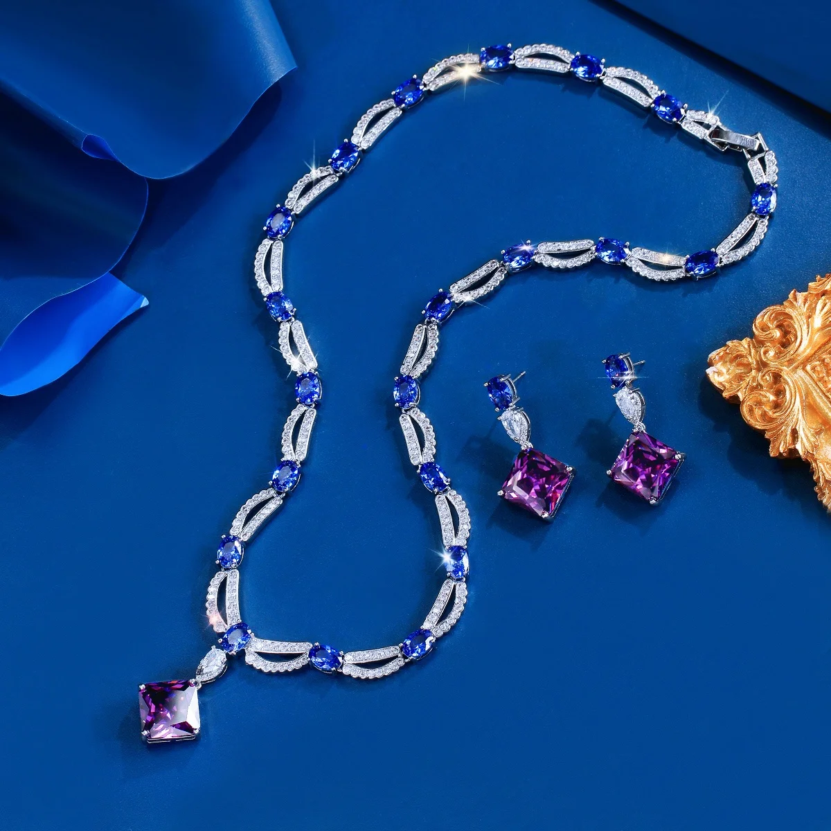 Pera Classic Purple Zirconia Square Pendant Blue Necklace Earrings Jewelry Sets for Women Fashion Wedding Party Gift J016