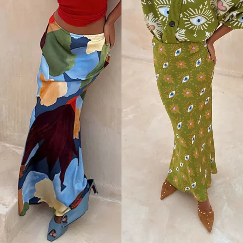 

Vintage Pattern Print High Waist Maxi Skirts for Woman Elegant Slim Bodycon Skirt Spring Autumn Fashionable Long Skirts Harajuku