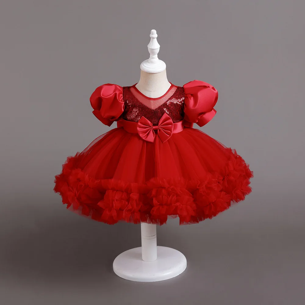 

Red Flower Girl Dress with Applique Puffy Short Sleeves for Wedding Birthday Party Baby First Communion Ball Gown Princess Style