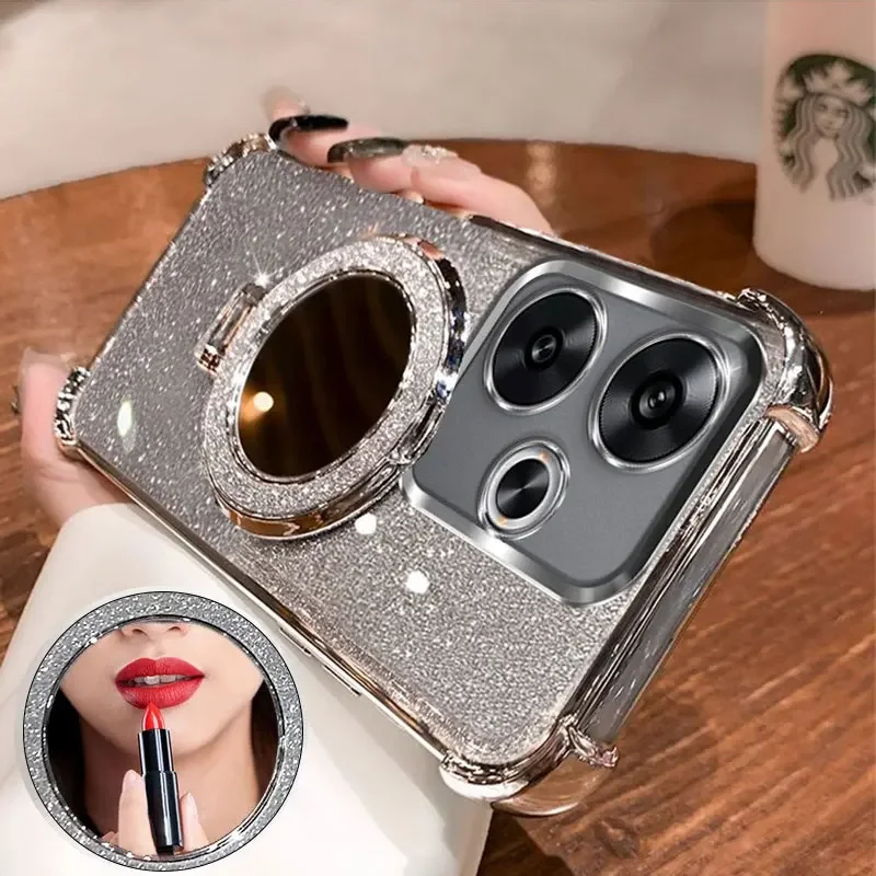 Glitter Mirror Stand Holder Case For Xiaomi POCO X7 X6 F7 F6 F5 Pro For Redmi 14 Pro Plus 14T 13T Pro 14C Luxury Magnetic Cover